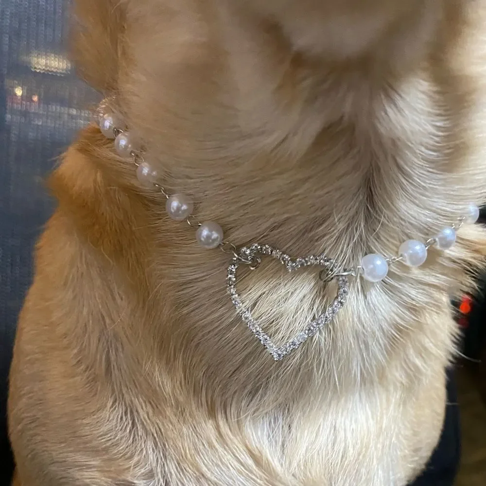 Fancy Pearl Rhinestone HeartbDog Bling Necklace Collar
